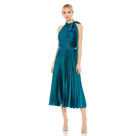 Mac Duggal Teal Blue Halter Neck Tea Length Pleated Satin Cocktail Dress 8